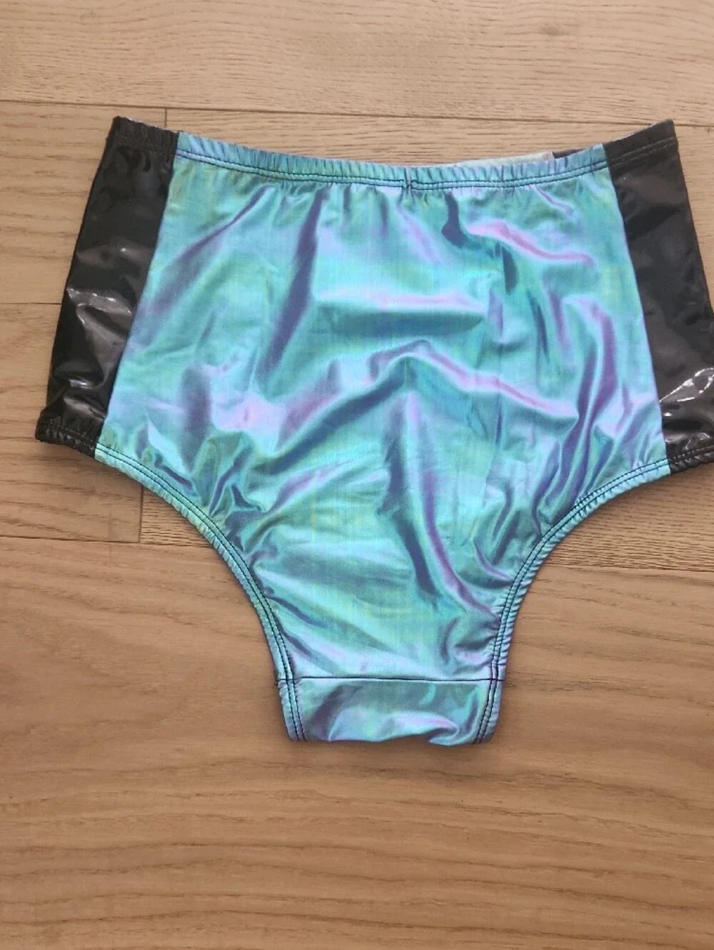 High-Waist Iridescent Aqua and Black Swim Bottoms